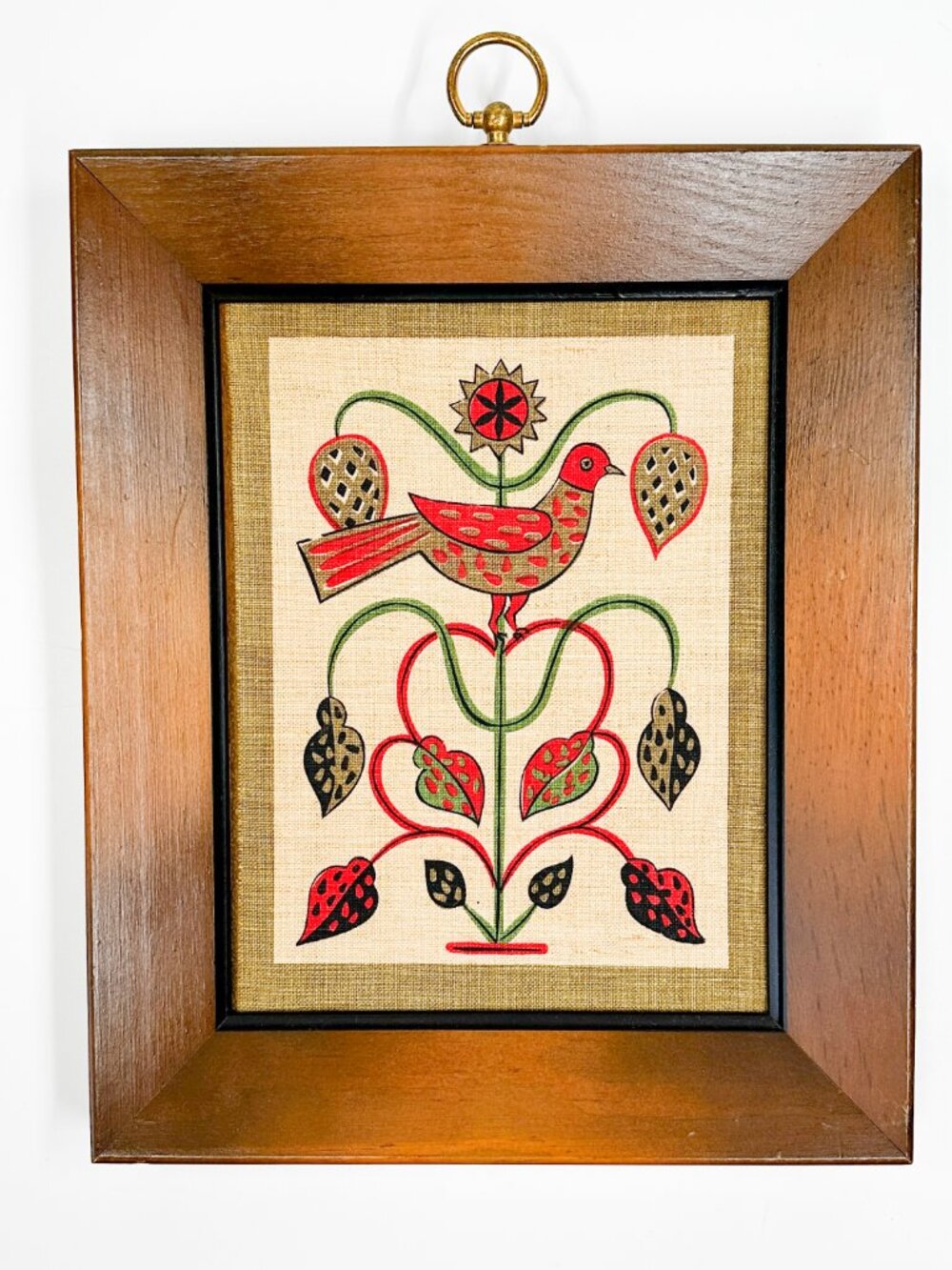 Vtg Turner Folk Art Framed Screen Print Birds Flowers 70's MCM Dutch Texture